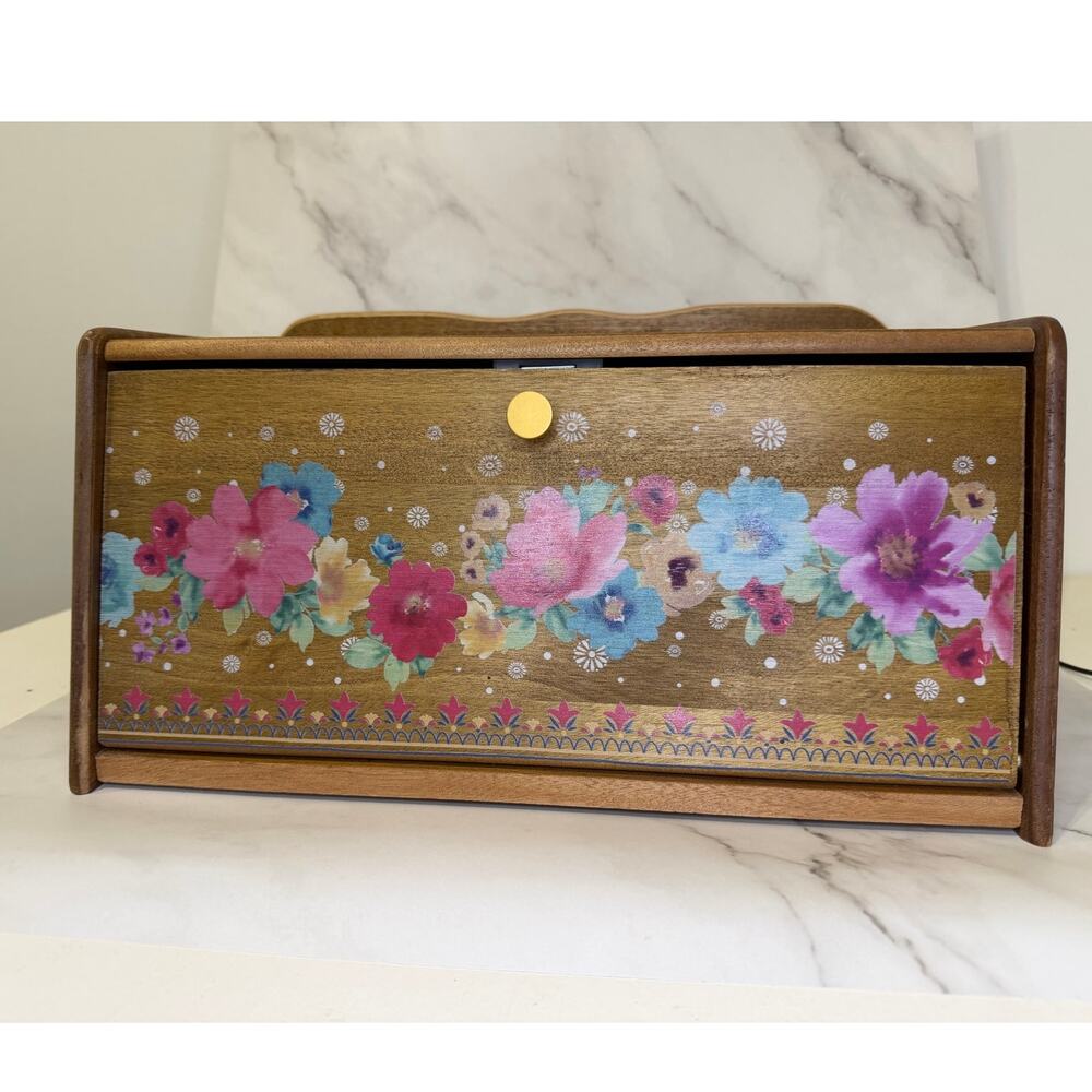 Pioneer Woman Breezy Blossom Brown Acacia Wooden Bread Box Kitchen Cottagecore